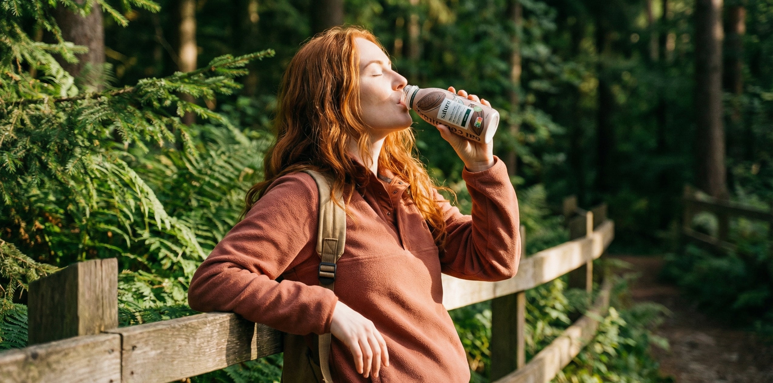 Frau trinkt Saturo Trinkmahlzeit in der Natur
